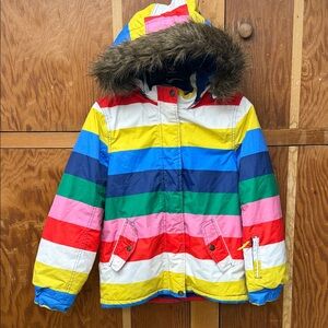 🚸Mini Boden Multicolor Striped Jacket with Faux Fur Hood